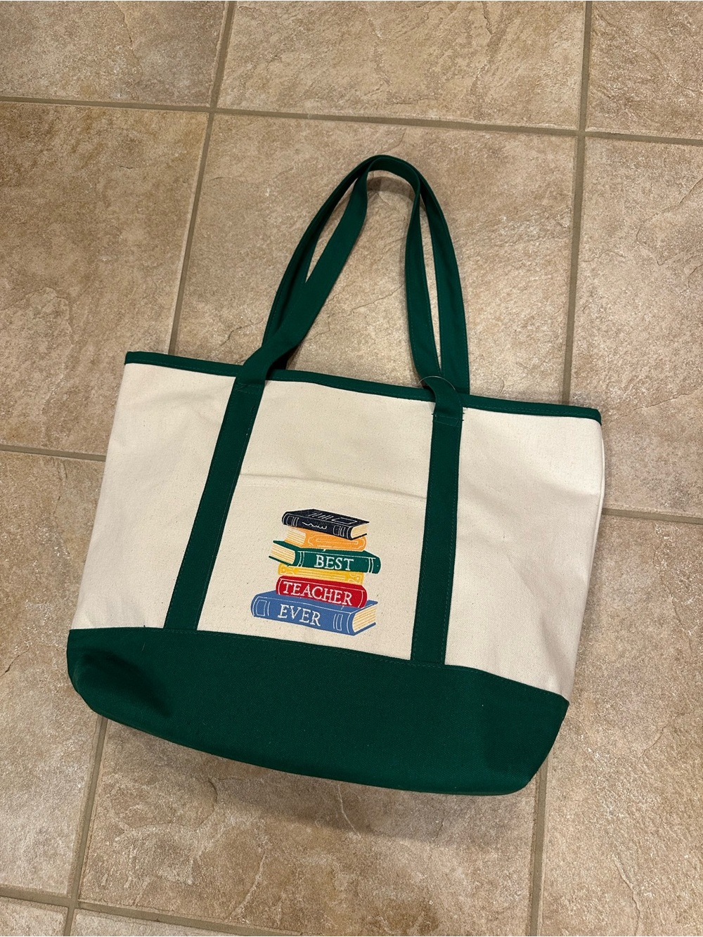 Canvas Teacher Boat Tote Bag in Cream and Dark Green
